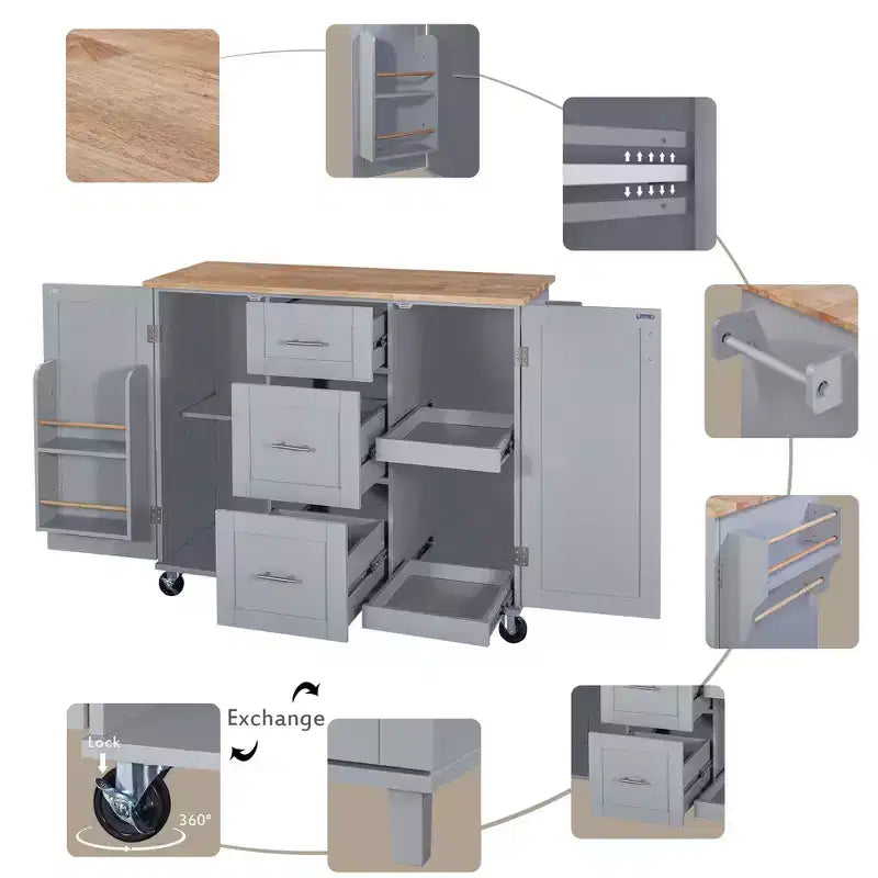 50-Inch Rolling Kitchen Island with 3 Drawers, 2 Slide-Out Shelves and Internal Storage Rack
