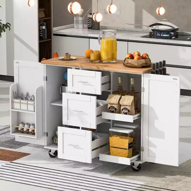 50-Inch Rolling Kitchen Island with 3 Drawers, 2 Slide-Out Shelves and Internal Storage Rack