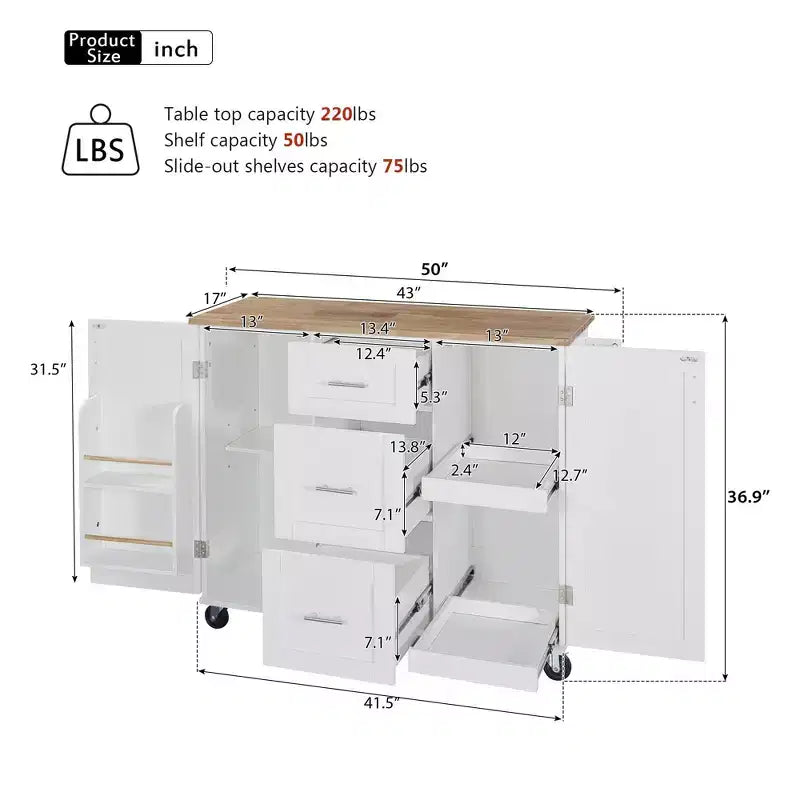 50-Inch Rolling Kitchen Island with 3 Drawers, 2 Slide-Out Shelves and Internal Storage Rack