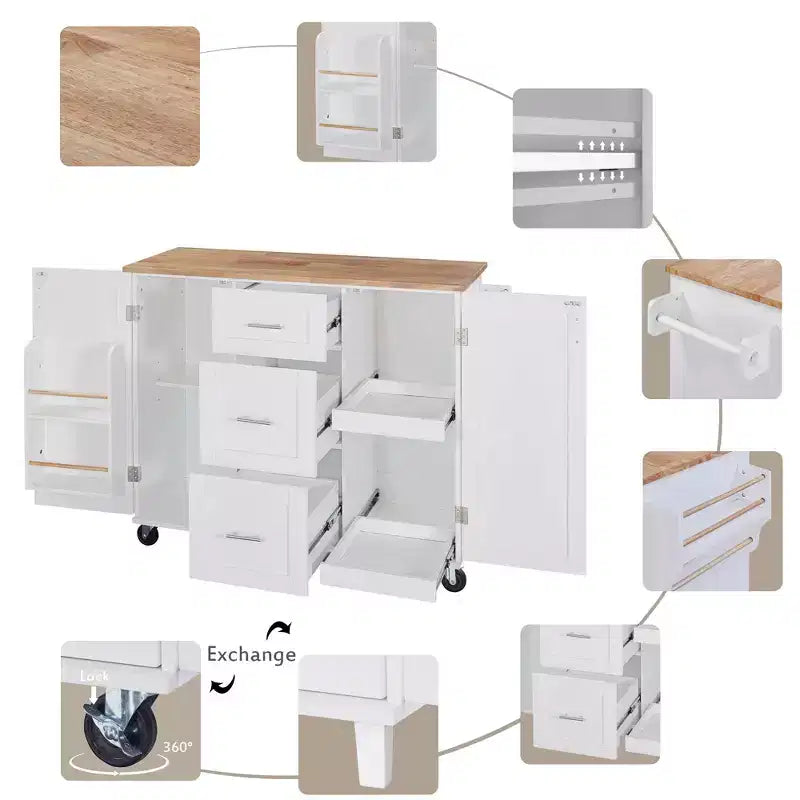50-Inch Rolling Kitchen Island with 3 Drawers, 2 Slide-Out Shelves and Internal Storage Rack