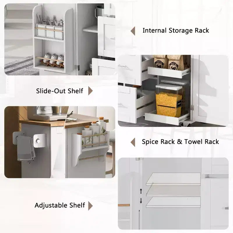 50-Inch Rolling Kitchen Island with 3 Drawers, 2 Slide-Out Shelves and Internal Storage Rack