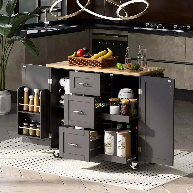 50-Inch Rolling Kitchen Island with 3 Drawers, 2 Slide-Out Shelves and Internal Storage Rack