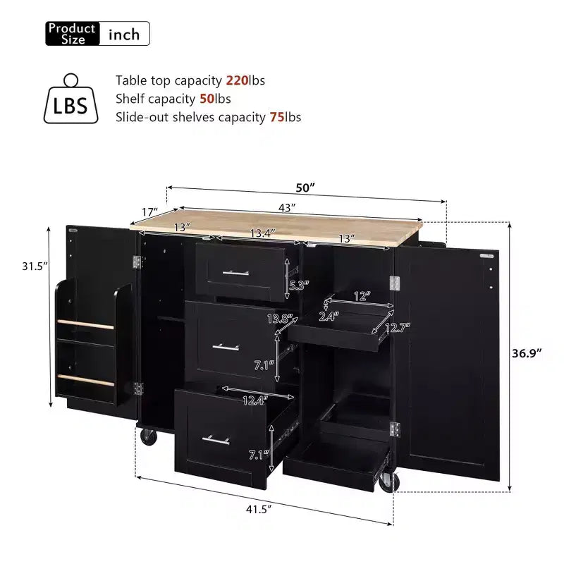 50-Inch Rolling Kitchen Island with 3 Drawers, 2 Slide-Out Shelves and Internal Storage Rack