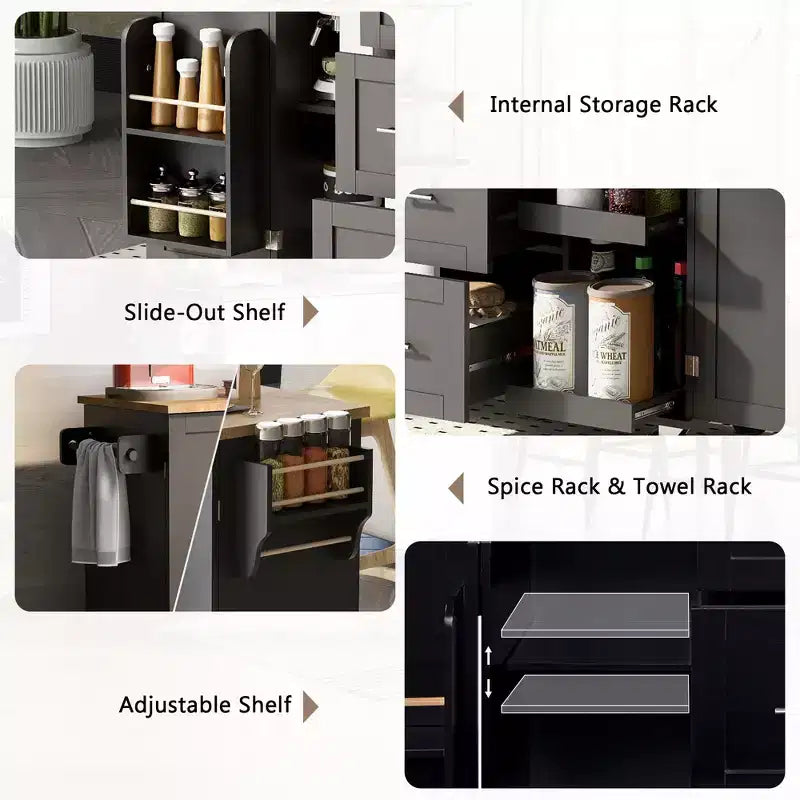 50-Inch Rolling Kitchen Island with 3 Drawers, 2 Slide-Out Shelves and Internal Storage Rack