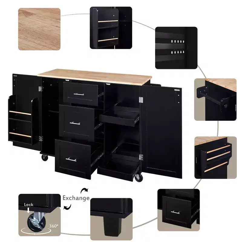 50-Inch Rolling Kitchen Island with 3 Drawers, 2 Slide-Out Shelves and Internal Storage Rack