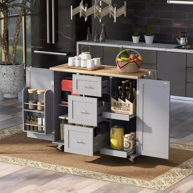 50-Inch Rolling Kitchen Island with 3 Drawers, 2 Slide-Out Shelves and Internal Storage Rack