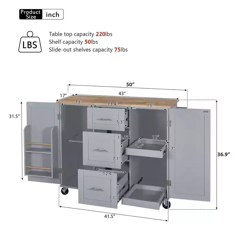 50-Inch Rolling Kitchen Island with 3 Drawers, 2 Slide-Out Shelves and Internal Storage Rack