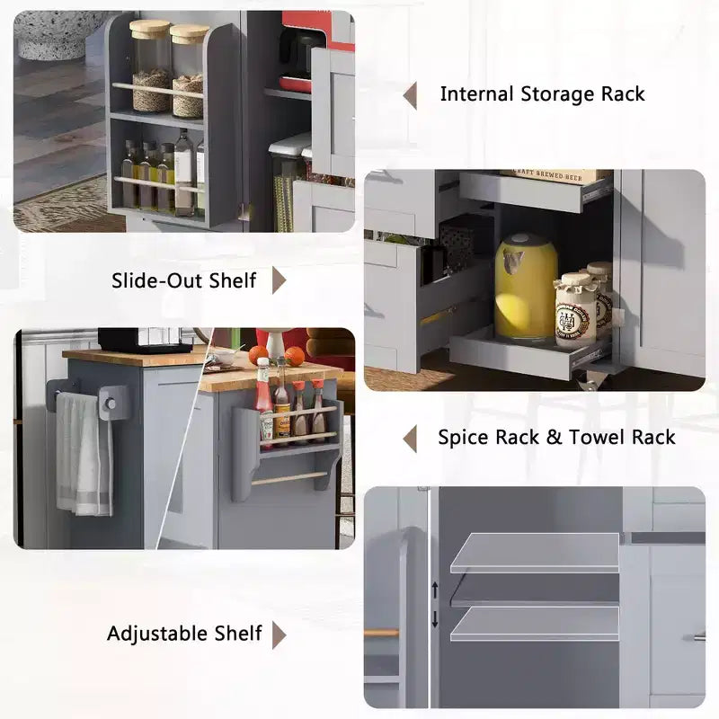 50-Inch Rolling Kitchen Island with 3 Drawers, 2 Slide-Out Shelves and Internal Storage Rack