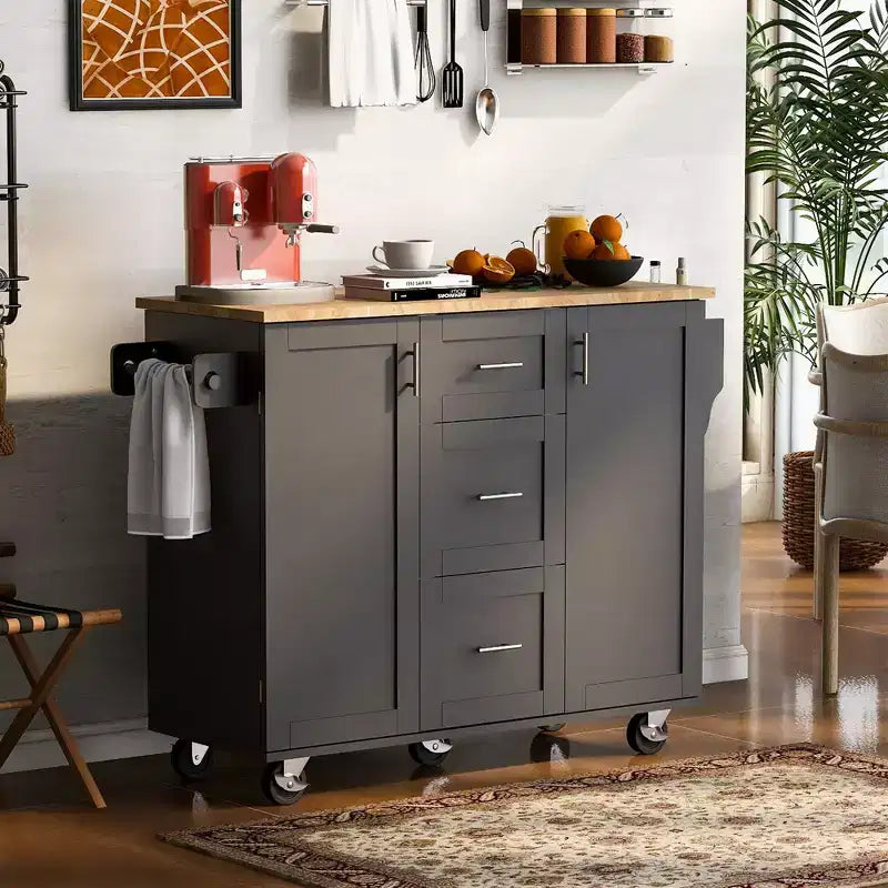 TUYOHW 50Inch Rolling Kitchen Island with 3 Drawer,2 Slide-Out Shelf and Internal Storage Rack
