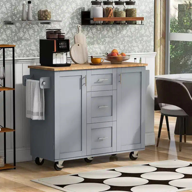 50-Inch Rolling Kitchen Island with 3 Drawers, 2 Slide-Out Shelves and Internal Storage Rack