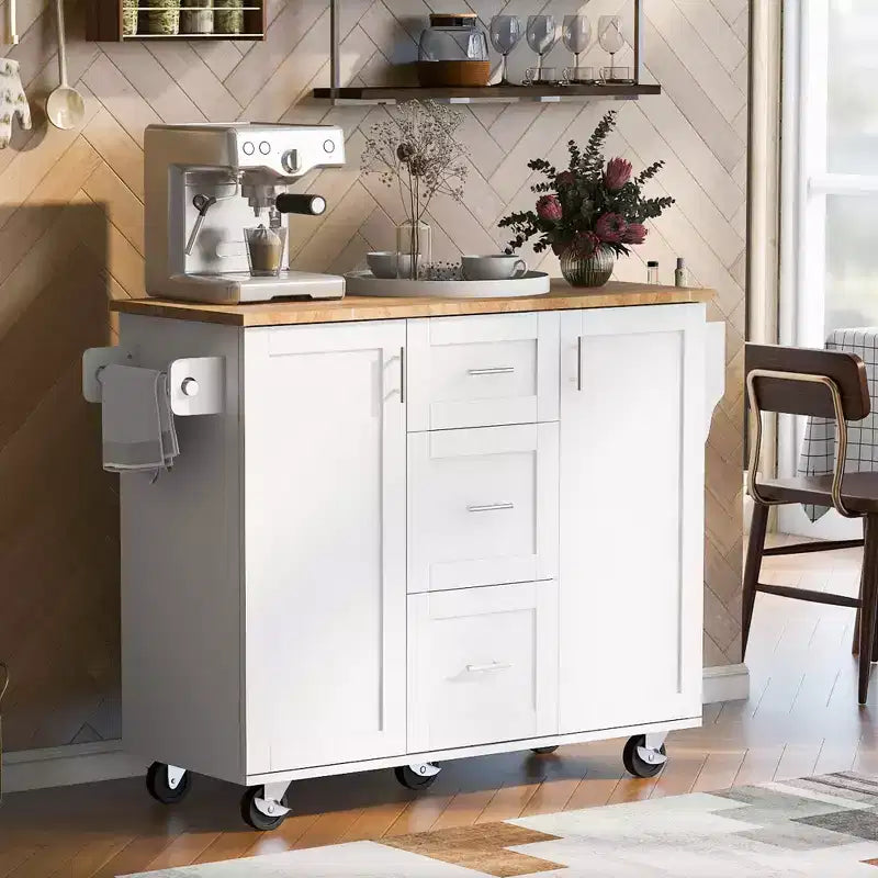 50-Inch Rolling Kitchen Island with 3 Drawers, 2 Slide-Out Shelves and Internal Storage Rack