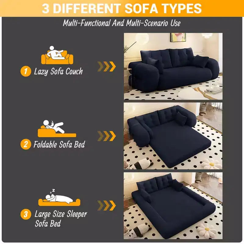 78.7" Multifunctional Foldable Sofa Bed, 3-in-1 Teddy Fabric Foam Filled Sleeper Sofa Bed, Dark Blue