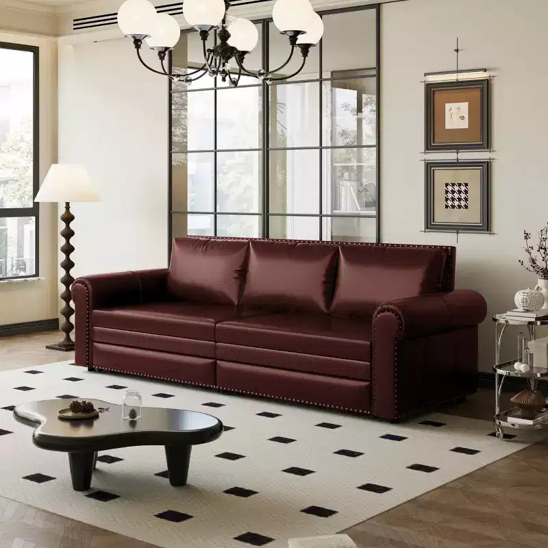 MAYEERTY 93.7 King Pull Out Sofa Bed, 3-in-1 Faux Leather Convertible Sleeper Sofa with Nailhead Trim& Rolled Arm Burgundy
