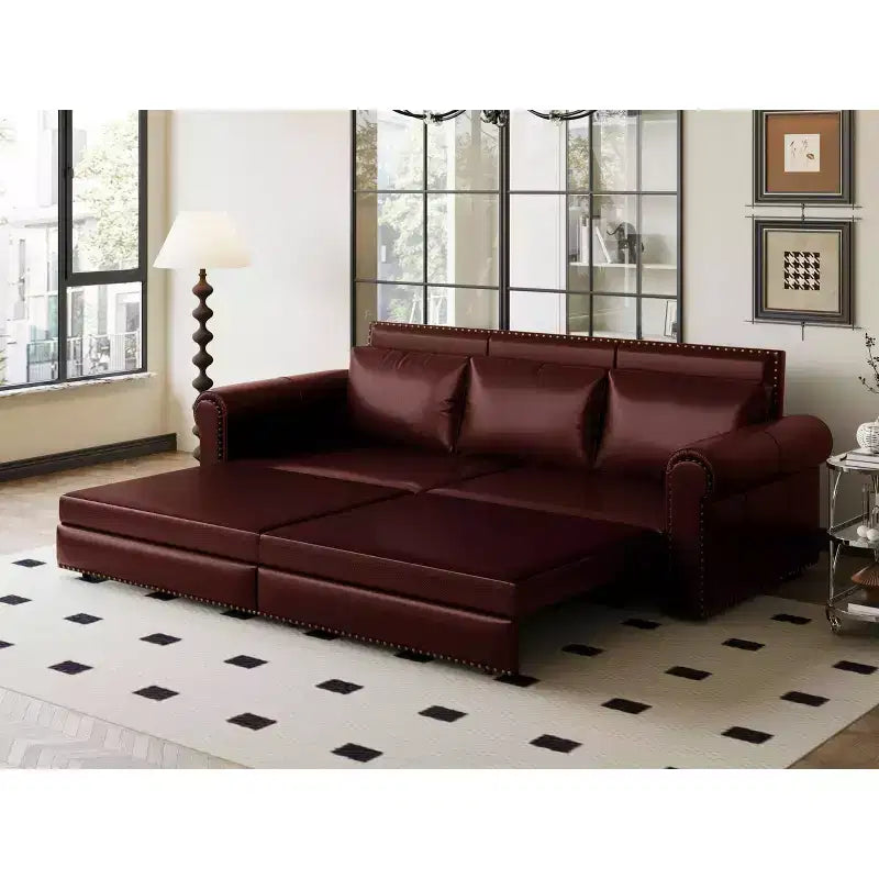 93.7" King Pull Out Sofa Bed, 3-in-1 Faux Leather Convertible Sleeper Sofa with Nailhead Trim & Rolled Arm, Burgundy