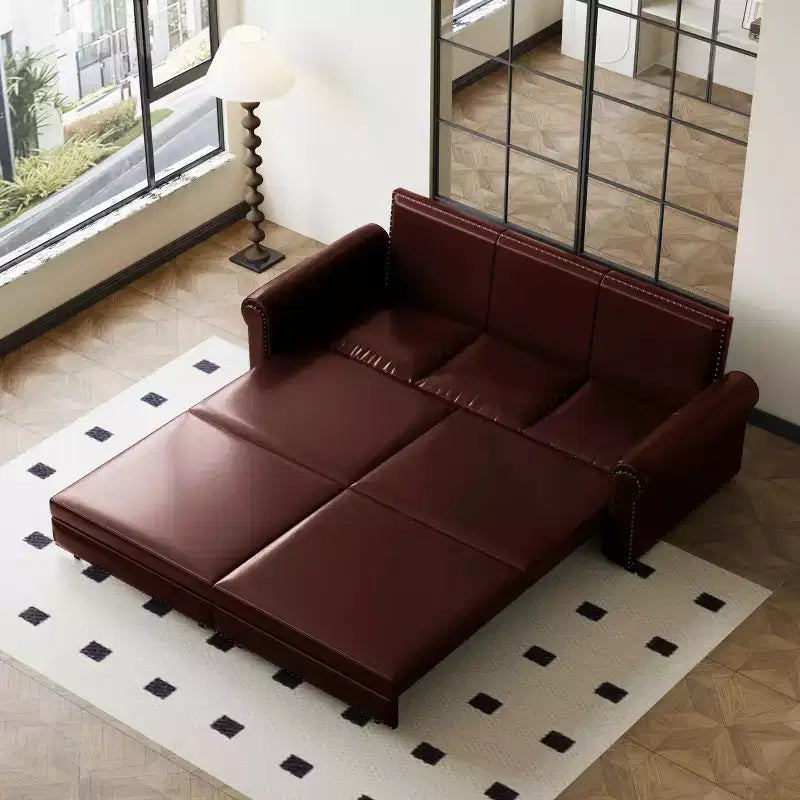93.7" King Pull Out Sofa Bed, 3-in-1 Faux Leather Convertible Sleeper Sofa with Nailhead Trim & Rolled Arm, Burgundy