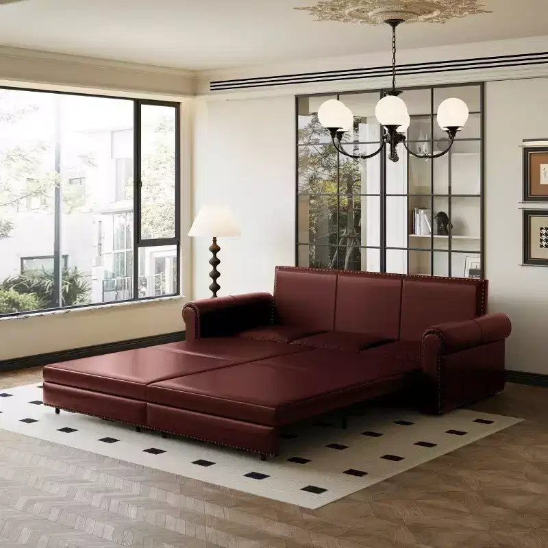 93.7" King Pull Out Sofa Bed, 3-in-1 Faux Leather Convertible Sleeper Sofa with Nailhead Trim & Rolled Arm, Burgundy