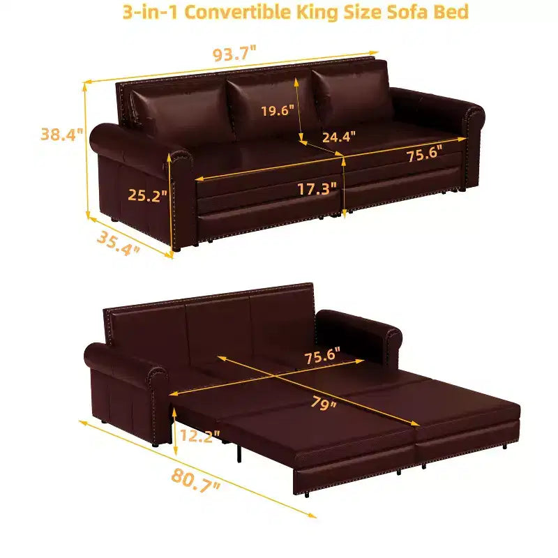 93.7" King Pull Out Sofa Bed, 3-in-1 Faux Leather Convertible Sleeper Sofa with Nailhead Trim & Rolled Arm, Burgundy
