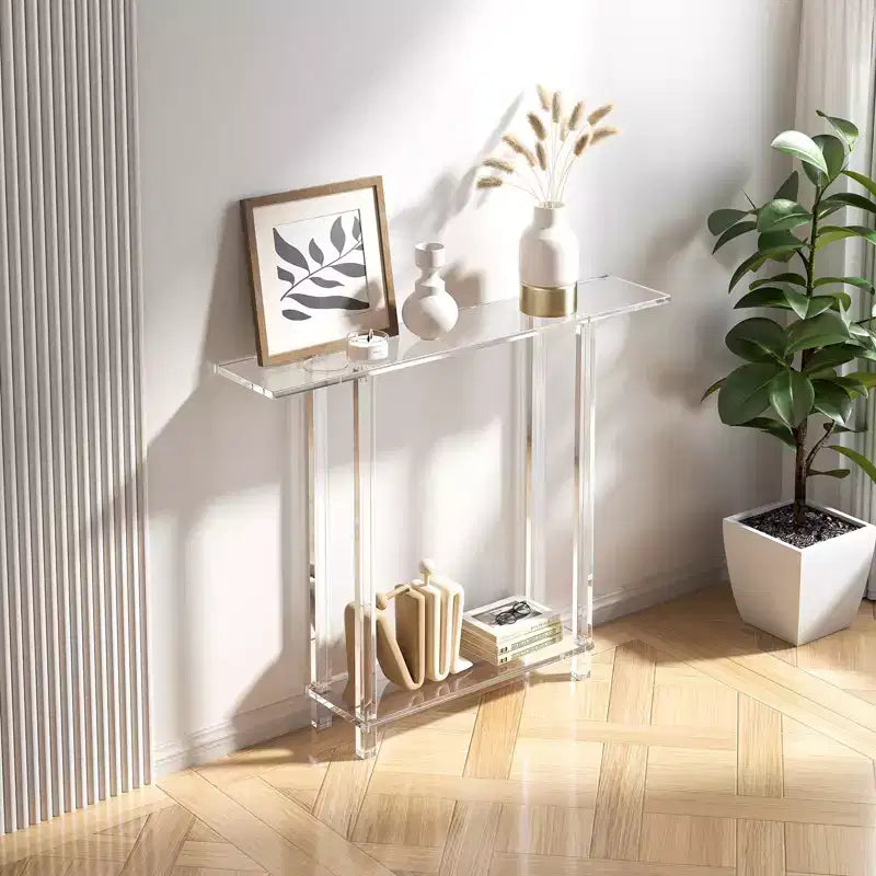Acrylic Console Table, 2 Tiers Narrow Side Desk with Bottom Open Storage, Modern Rectangle End Table, 7.6 x 39.4 x 31.5 in, Clear