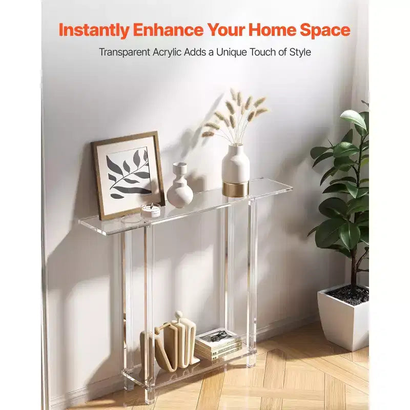 Acrylic Console Table, 2 Tiers Narrow Side Desk with Bottom Open Storage, Modern Rectangle End Table, 7.6 x 39.4 x 31.5 in, Clear