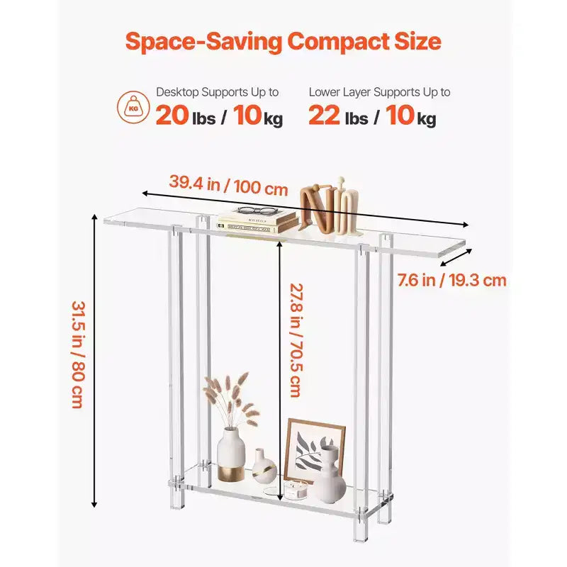 Acrylic Console Table, 2 Tiers Narrow Side Desk with Bottom Open Storage, Modern Rectangle End Table, 7.6 x 39.4 x 31.5 in, Clear