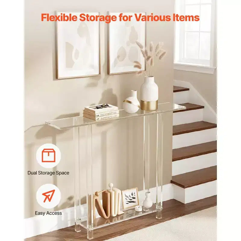 Acrylic Console Table, 2 Tiers Narrow Side Desk with Bottom Open Storage, Modern Rectangle End Table, 7.6 x 39.4 x 31.5 in, Clear