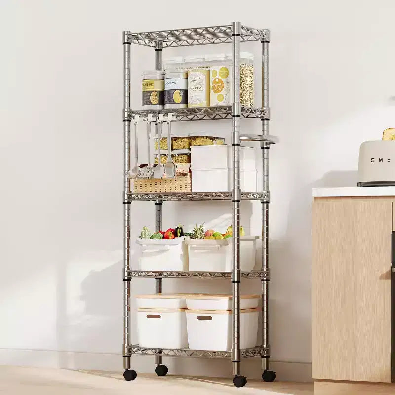 61-Inch Metal Storage Rack with Wheels, 5-Tier Adjustable Wire Mesh Rack with Side Handles, 24-Inch Wide Heavy-Duty Rolling Shelving Unit for Kitchens