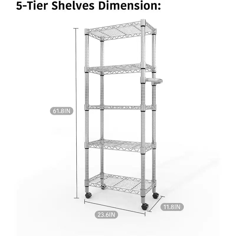 61-Inch Metal Storage Rack with Wheels, 5-Tier Adjustable Wire Mesh Rack with Side Handles, 24-Inch Wide Heavy-Duty Rolling Shelving Unit for Kitchens