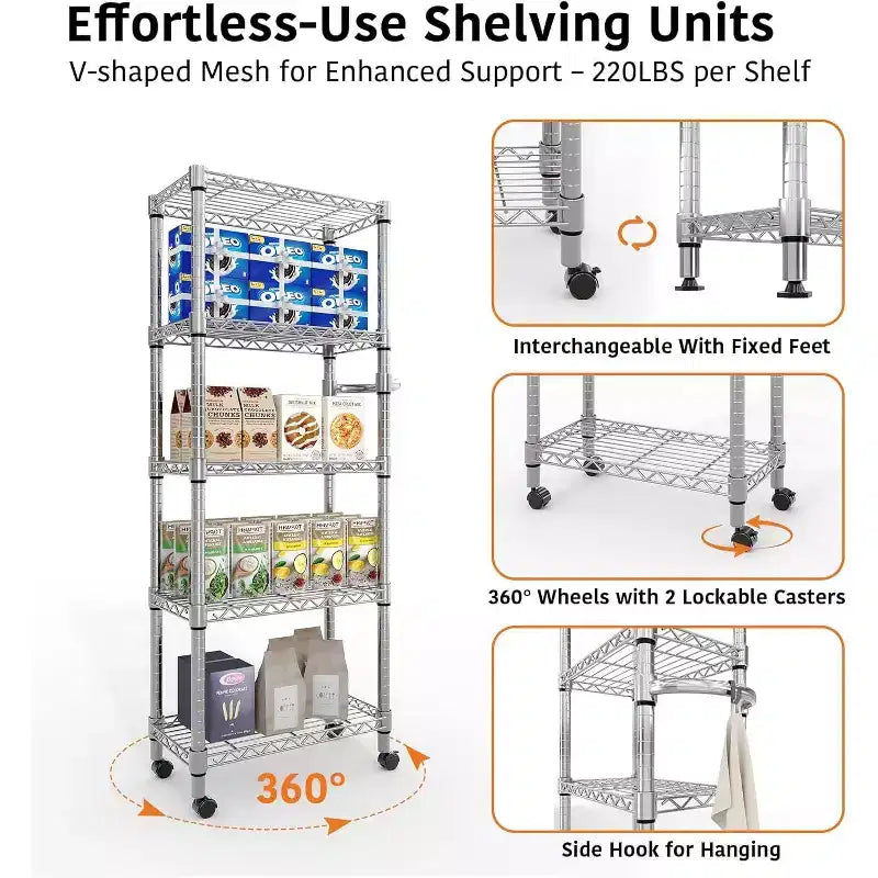 61-Inch Metal Storage Rack with Wheels, 5-Tier Adjustable Wire Mesh Rack with Side Handles, 24-Inch Wide Heavy-Duty Rolling Shelving Unit for Kitchens