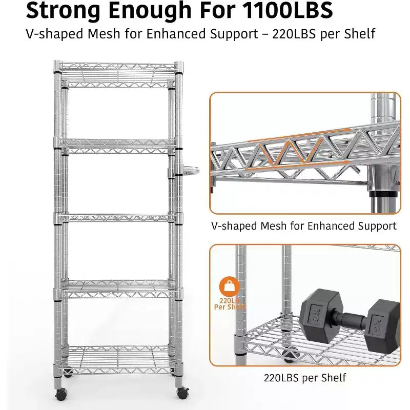 61-Inch Metal Storage Rack with Wheels, 5-Tier Adjustable Wire Mesh Rack with Side Handles, 24-Inch Wide Heavy-Duty Rolling Shelving Unit for Kitchens