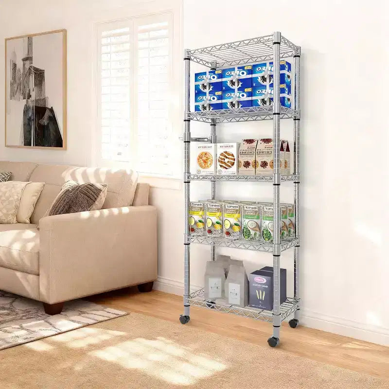 61-Inch Metal Storage Rack with Wheels, 5-Tier Adjustable Wire Mesh Rack with Side Handles, 24-Inch Wide Heavy-Duty Rolling Shelving Unit for Kitchens