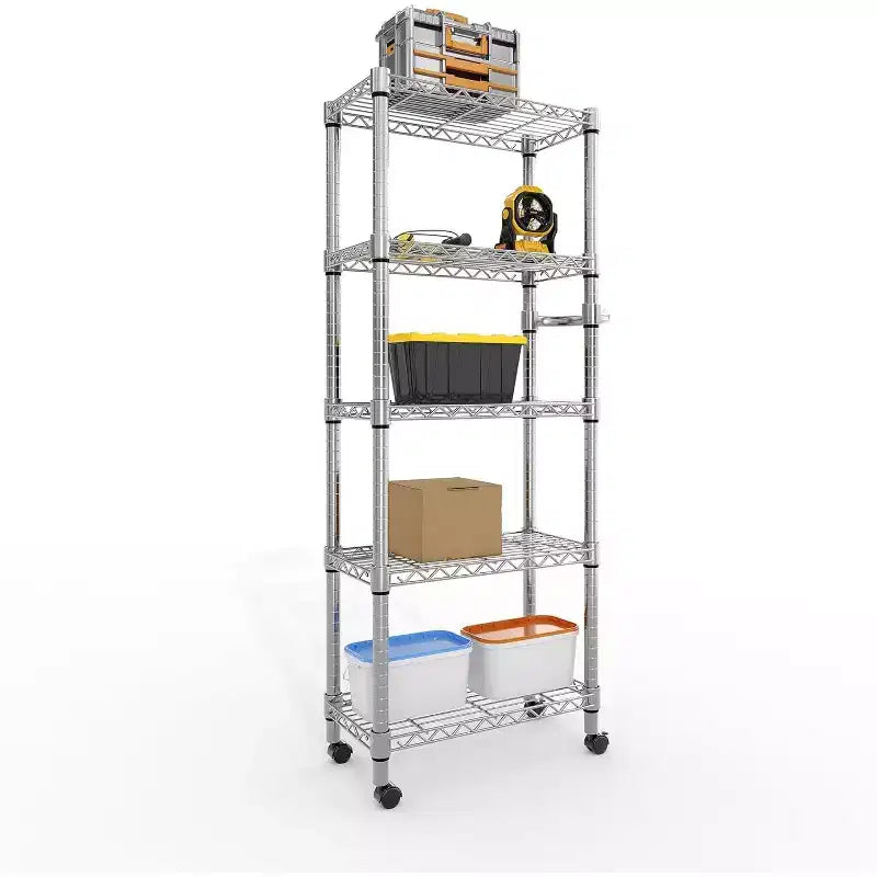 61-Inch Metal Storage Rack with Wheels, 5-Tier Adjustable Wire Mesh Rack with Side Handles, 24-Inch Wide Heavy-Duty Rolling Shelving Unit for Kitchens