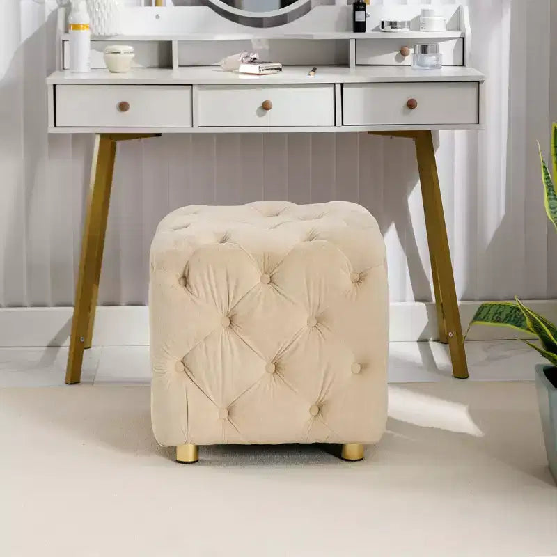 18" Chic Vanity Ottoman Stool, Luxury Velvet Tufted Footstool for Living Room, Dressing Makeup Chair, 250 lbs Capacity