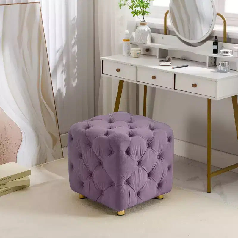 18" Chic Vanity Ottoman Stool, Luxury Velvet Tufted Footstool for Living Room, Dressing Makeup Chair, 250 lbs Capacity