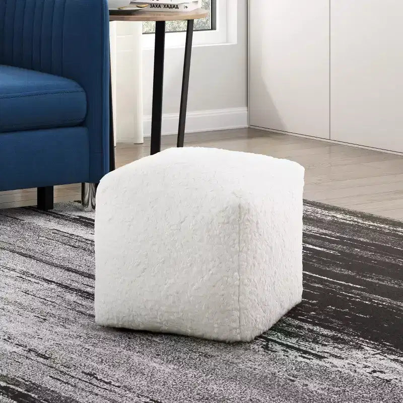 TUYOHW 17H Faux Fur Ottoman for Living Room,Square Footrest Stool Non-Slip Bean Bag Chair,300lbs Capacity,Off-White