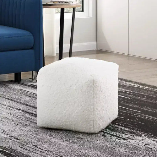 TUYOHW 17H Faux Fur Ottoman for Living Room,Square Footrest Stool Non-Slip Bean Bag Chair,300lbs Capacity,Off-White