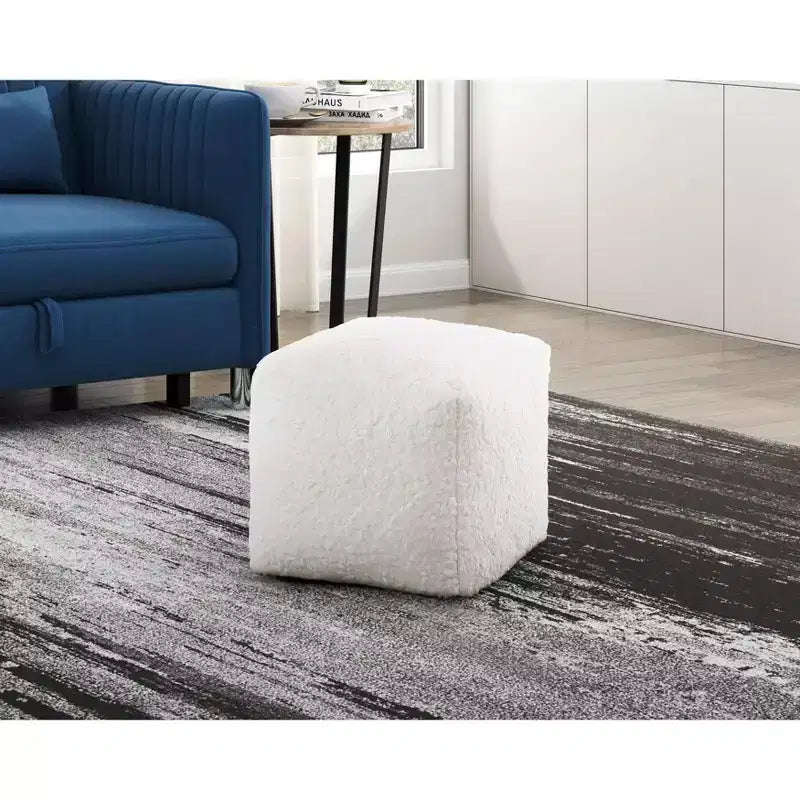 17" Faux Fur Ottoman for Living Room, Square Footrest Stool, Non-Slip, 300 lbs Capacity, Off-White