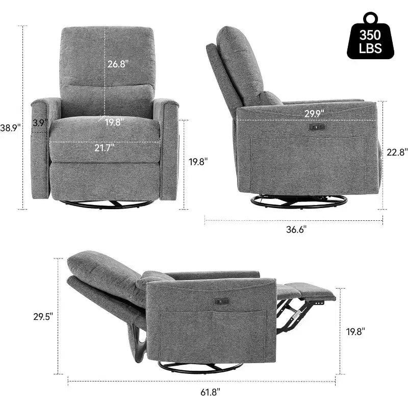 Power Swivel Rocker Recliner, Small Reclining Sofa with USB/Type-C Ports, Glider Nursery Chair with Lumbar Support