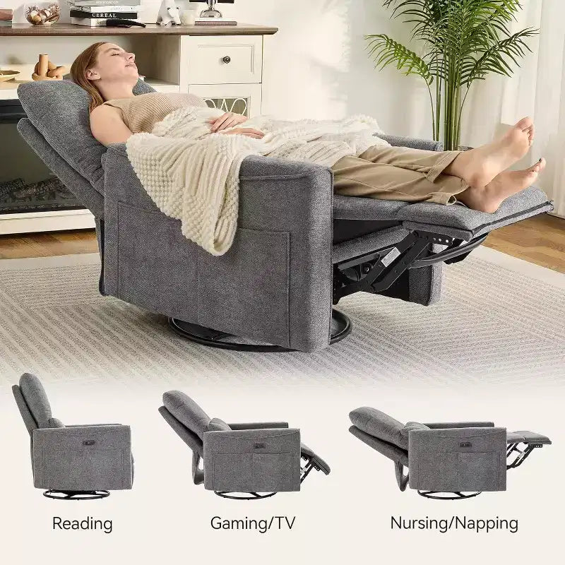 Power Swivel Rocker Recliner, Small Reclining Sofa with USB/Type-C Ports, Glider Nursery Chair with Lumbar Support
