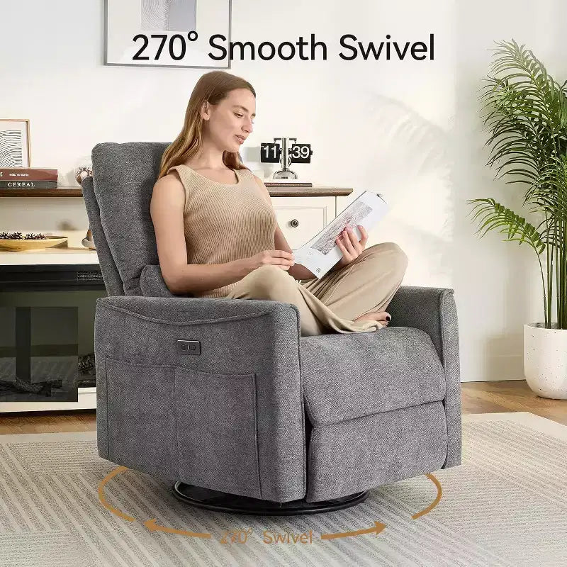Power Swivel Rocker Recliner, Small Reclining Sofa with USB/Type-C Ports, Glider Nursery Chair with Lumbar Support