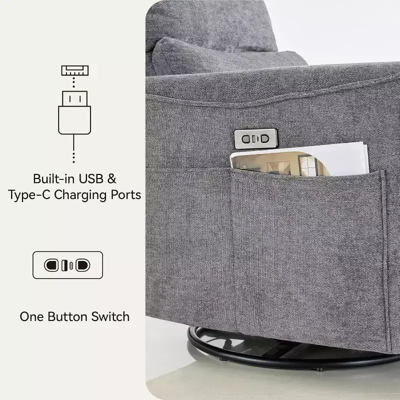 Power Swivel Rocker Recliner, Small Reclining Sofa with USB/Type-C Ports, Glider Nursery Chair with Lumbar Support