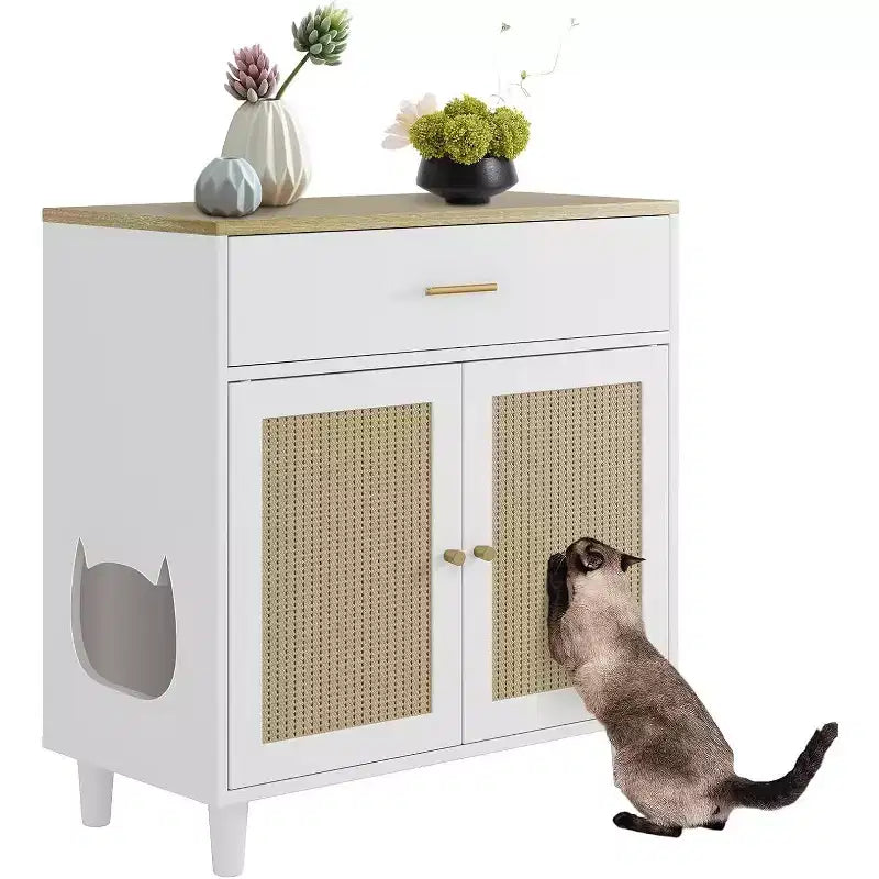 Hidden Cat Litter Box Furniture with Storage Drawer, Wood Cats Litter Enclosure Cabinet, Kitty Litter Box Hidden Enclosed Tall Cabinet Dog Proof