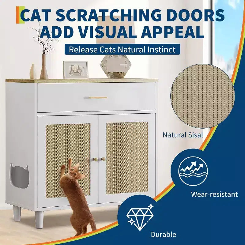 Hidden Cat Litter Box Furniture with Storage Drawer, Wood Cats Litter Enclosure Cabinet, Kitty Litter Box Hidden Enclosed Tall Cabinet Dog Proof