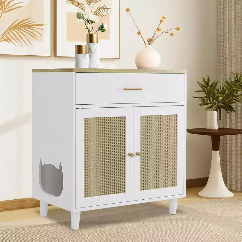 Hidden Cat Litter Box Furniture with Storage Drawer, Wood Cats Litter Enclosure Cabinet, Kitty Litter Box Hidden Enclosed Tall Cabinet Dog Proof