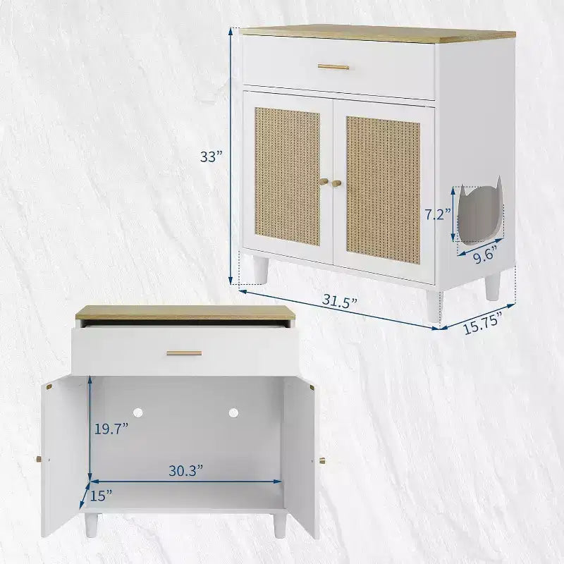 Hidden Cat Litter Box Furniture with Storage Drawer, Wood Cats Litter Enclosure Cabinet, Kitty Litter Box Hidden Enclosed Tall Cabinet Dog Proof