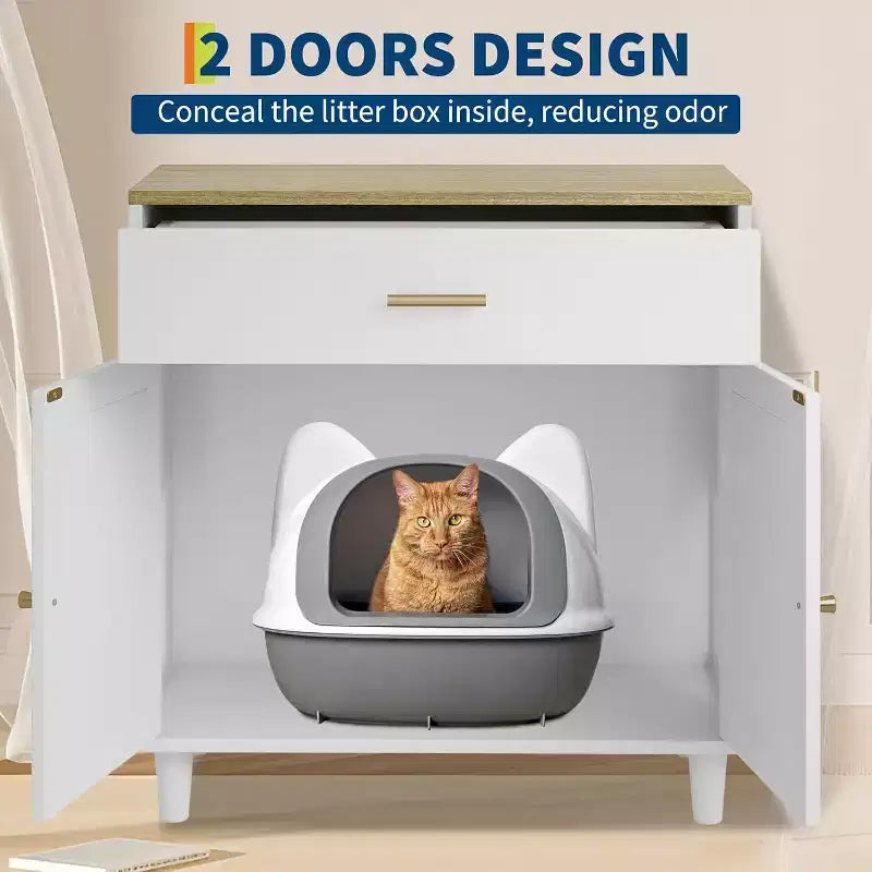 Hidden Cat Litter Box Furniture with Storage Drawer, Wood Cats Litter Enclosure Cabinet, Kitty Litter Box Hidden Enclosed Tall Cabinet Dog Proof