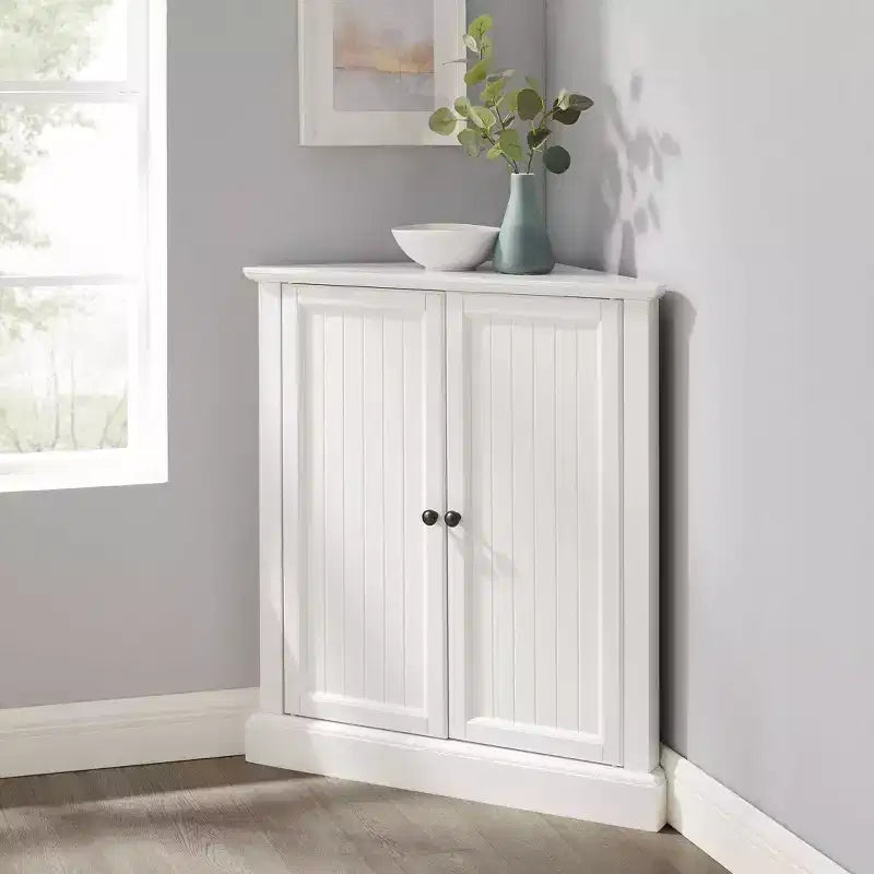 Stackable Corner Pantry, White, Adjustable Shelves, MDF & Veneer, Nautical Farmhouse Style, 2 Doors
