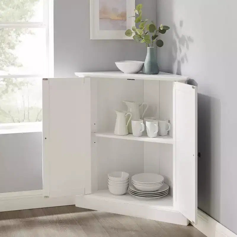 Stackable Corner Pantry, White, Adjustable Shelves, MDF & Veneer, Nautical Farmhouse Style, 2 Doors