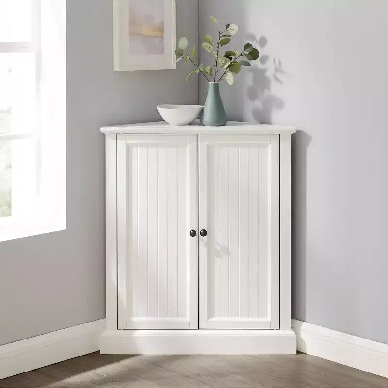 Stackable Corner Pantry, White, Adjustable Shelves, MDF & Veneer, Nautical Farmhouse Style, 2 Doors