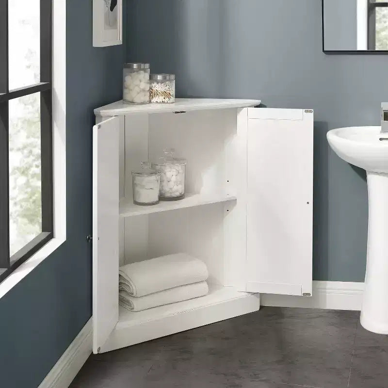 Stackable Corner Pantry, White, Adjustable Shelves, MDF & Veneer, Nautical Farmhouse Style, 2 Doors