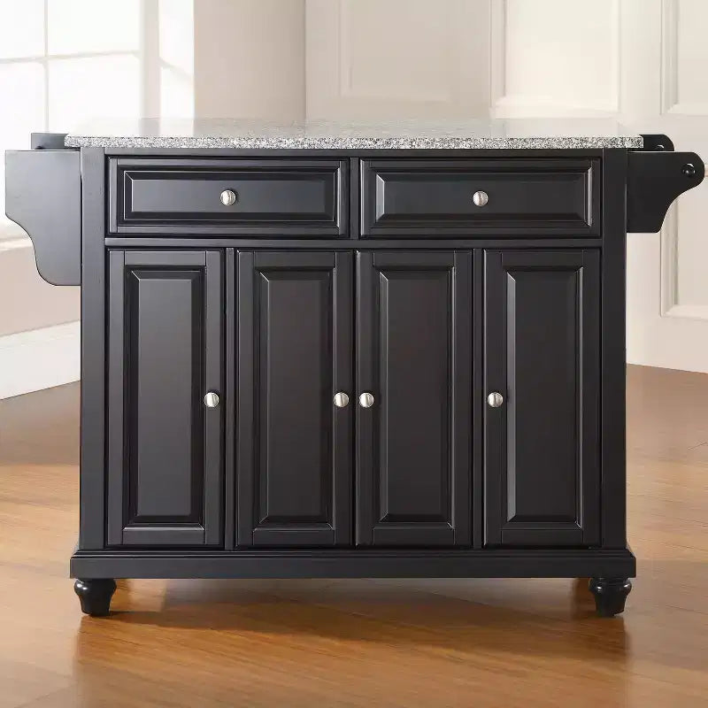 Granite Top Full Size Kitchen Island/Cart, Black/Gray, 3 Cabinets, 2 Drawers, Spice Rack